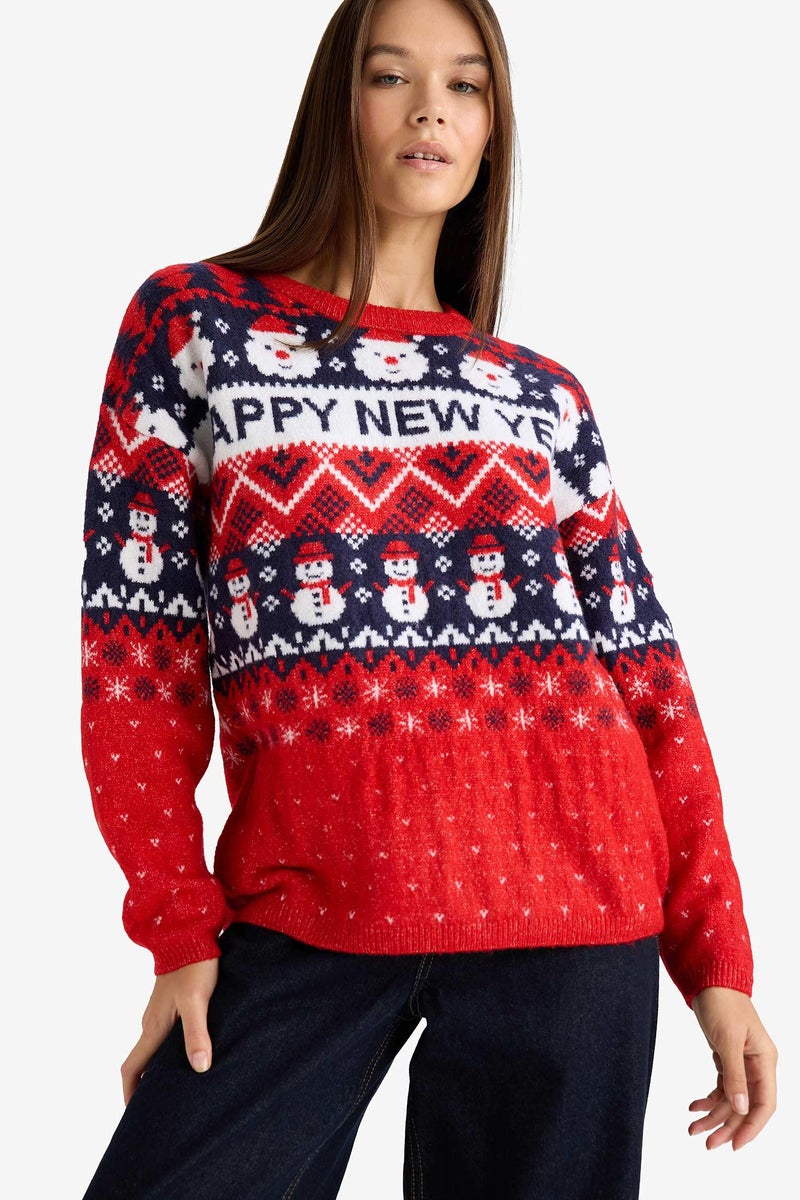DeFacto Red Woman Christmas Themed Regular Fit Color Block Pullover Casual - Image 4
